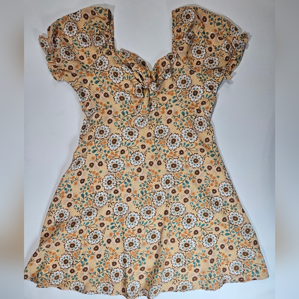 Altar'd State Midi Flare Dress Womens Small Gold Brown Floral‎ Made In The Usa